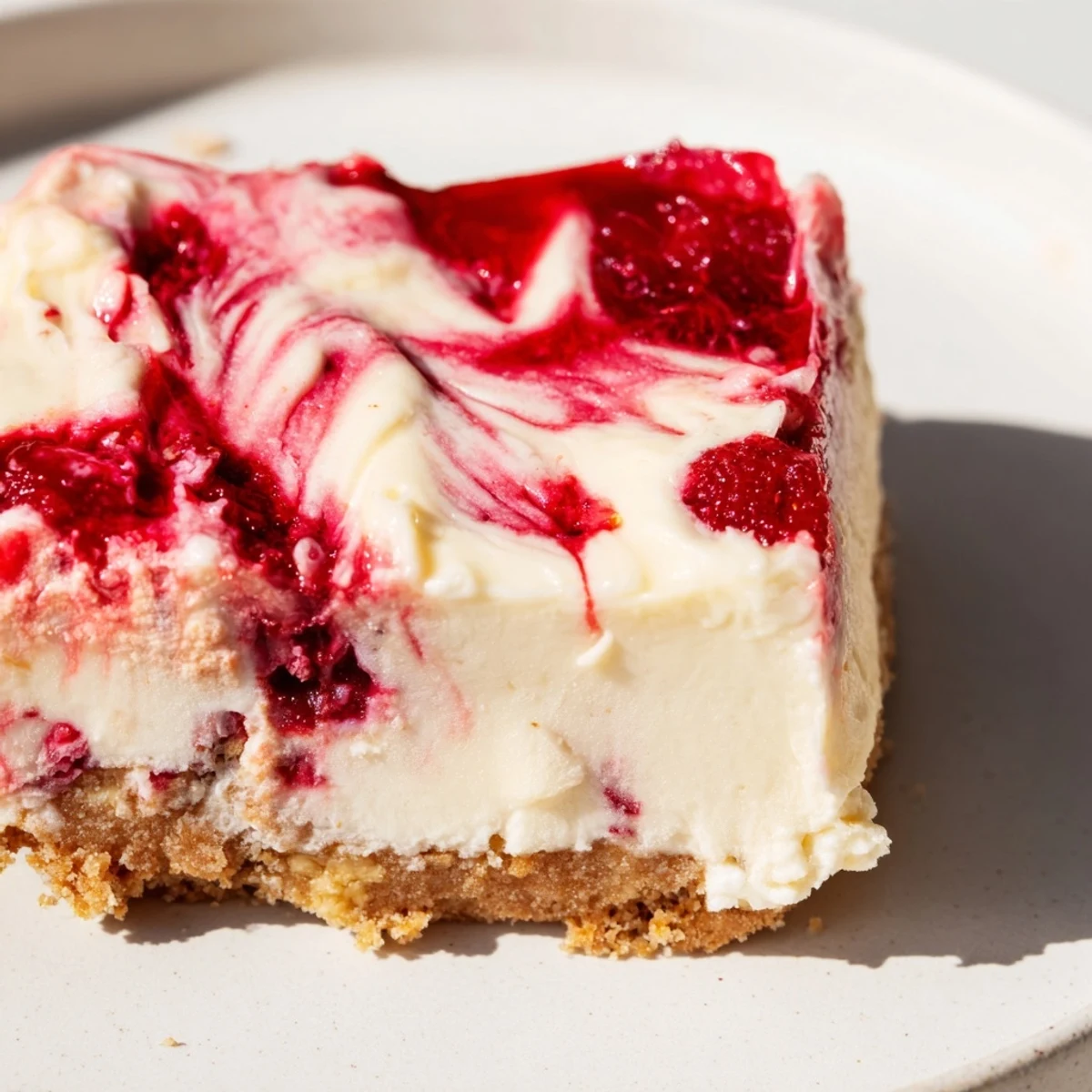 Raspberry White Chocolate Cheesecake Bars swirled with ruby red fruit and melted white chocolate chunks.