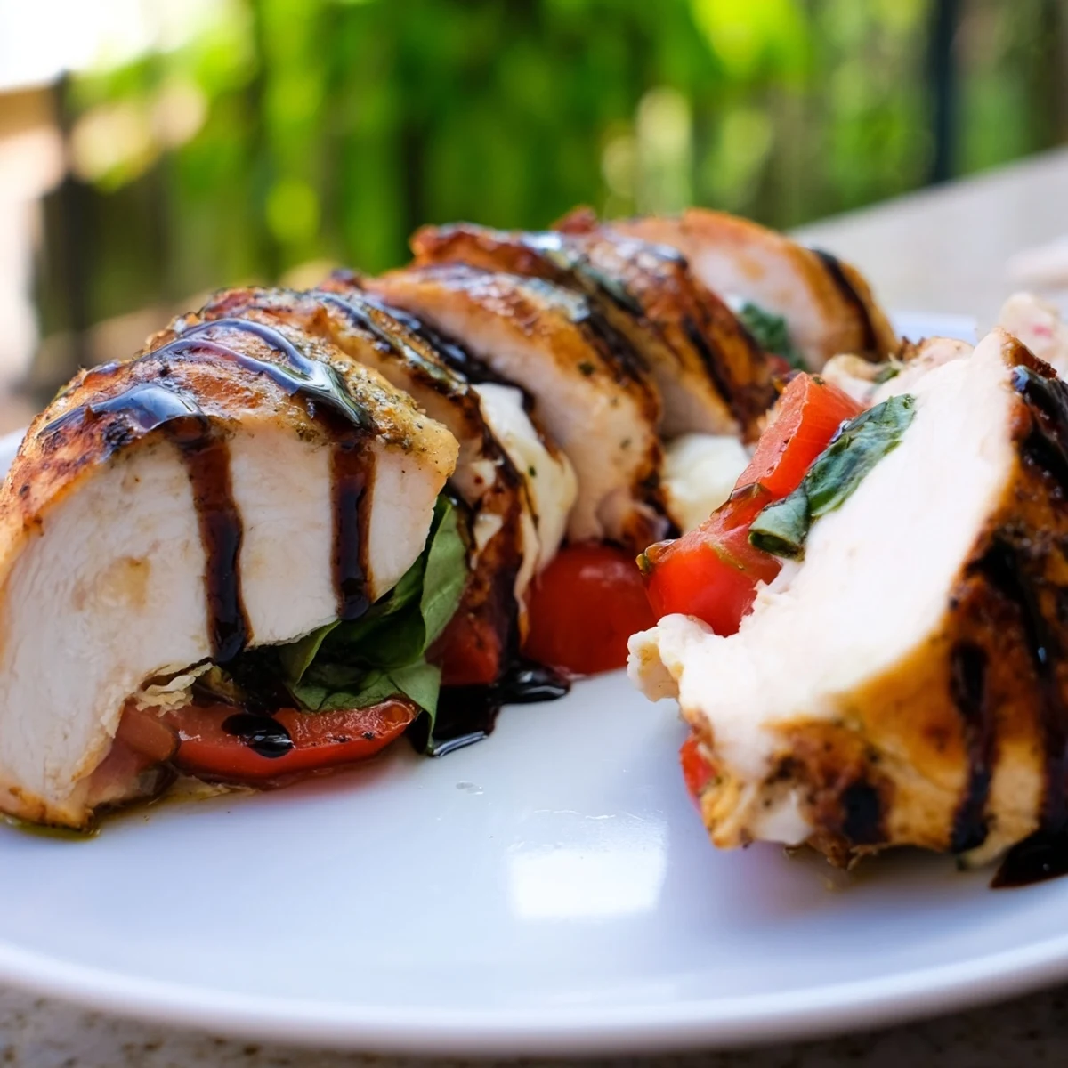 Sliced Caprese Stuffed Chicken Breast with melted mozzarella and fresh tomatoes on a white plate.