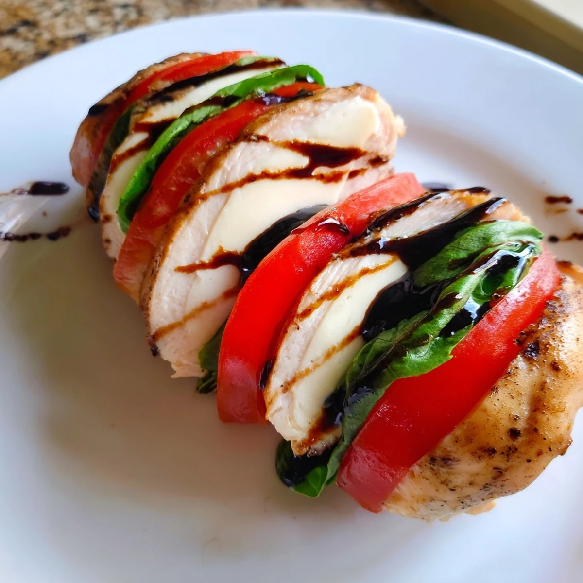 Golden baked Caprese Stuffed Chicken Breast drizzled with balsamic glaze and fresh basil leaves.
