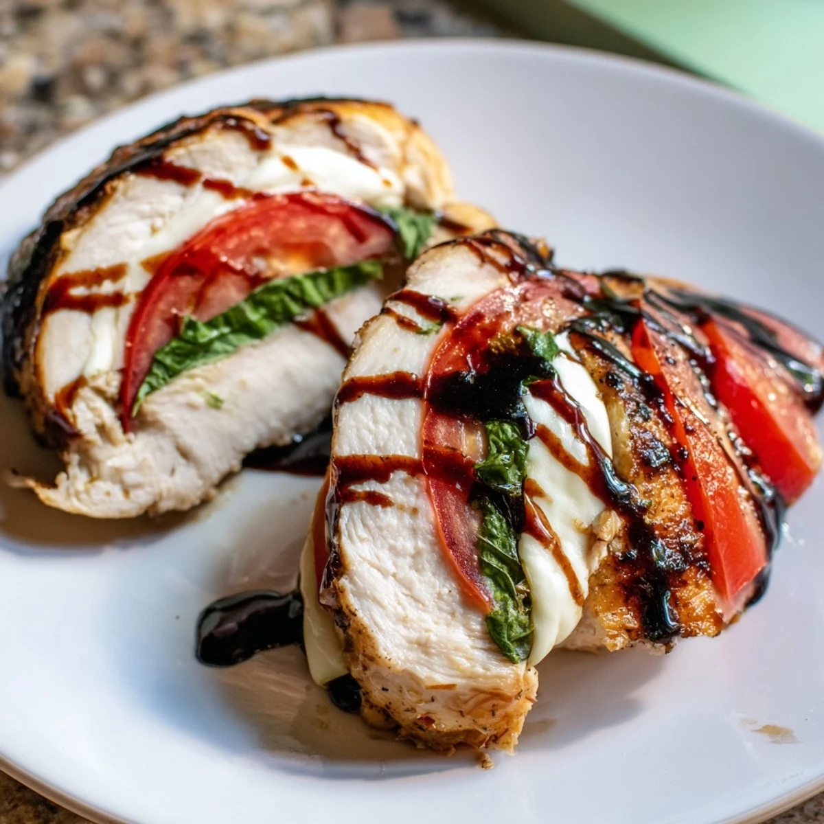 Juicy Caprese Stuffed Chicken Breast served with a side salad and roasted vegetables for dinner.