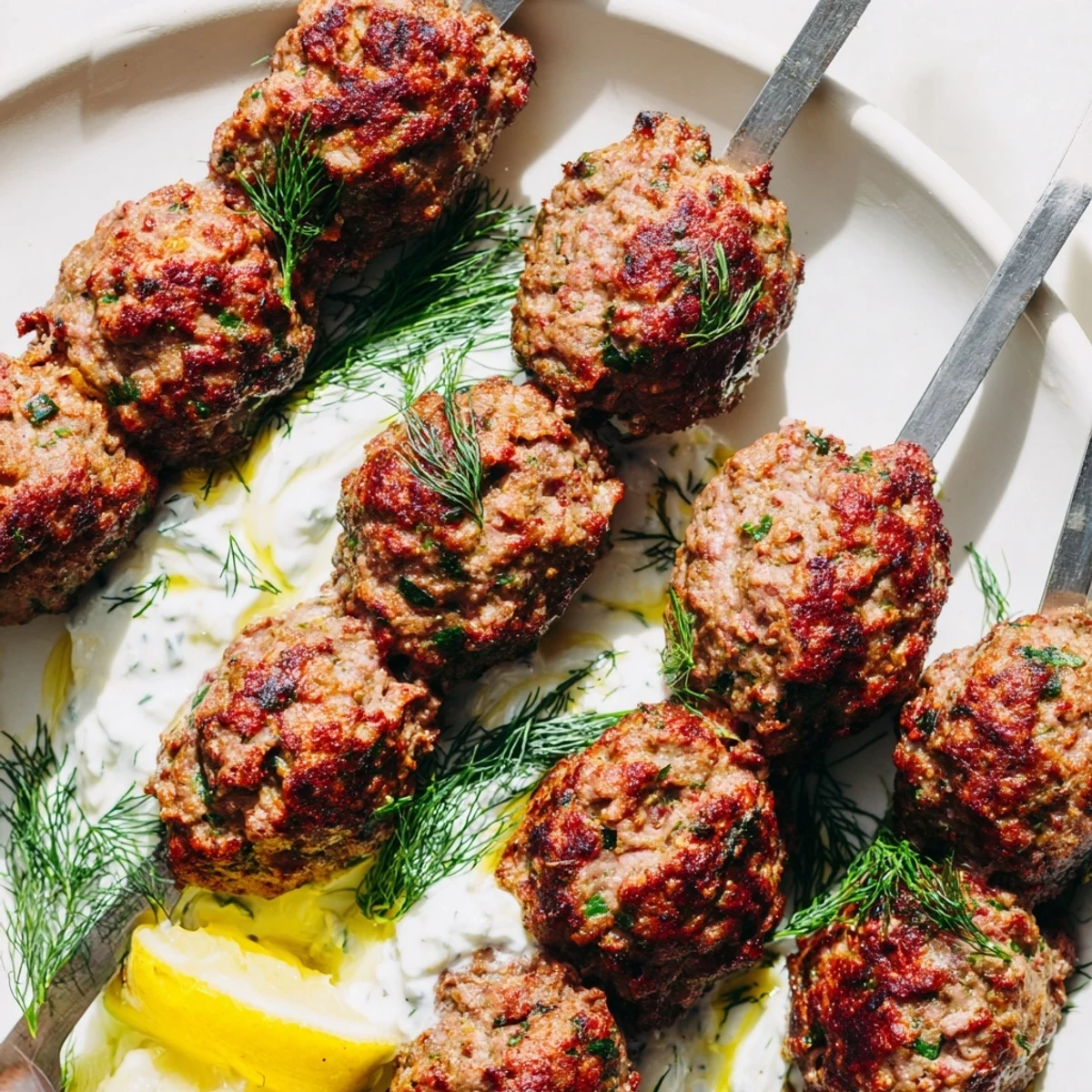 Juicy Beef Kofta Kebabs with Cucumber Yogurt Sauce are grilled to perfection, served on skewers with a cool, tangy dip.