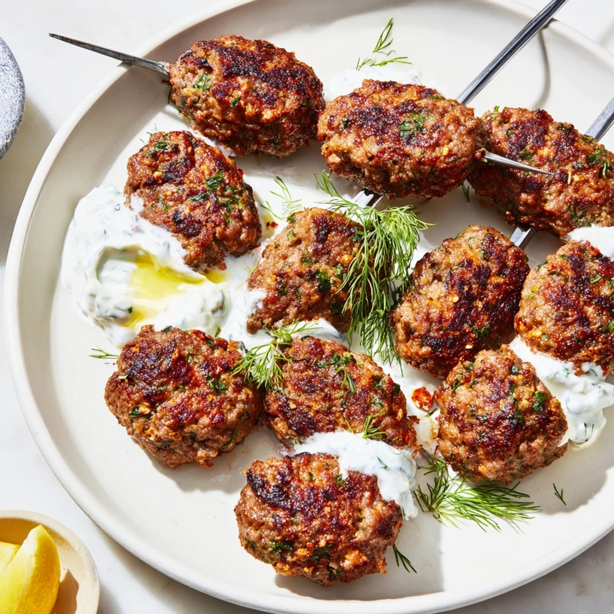 Savory Beef Kofta Kebabs with Cucumber Yogurt Sauce are displayed with herbs and lemon wedges for a vibrant, gluten-free meal.