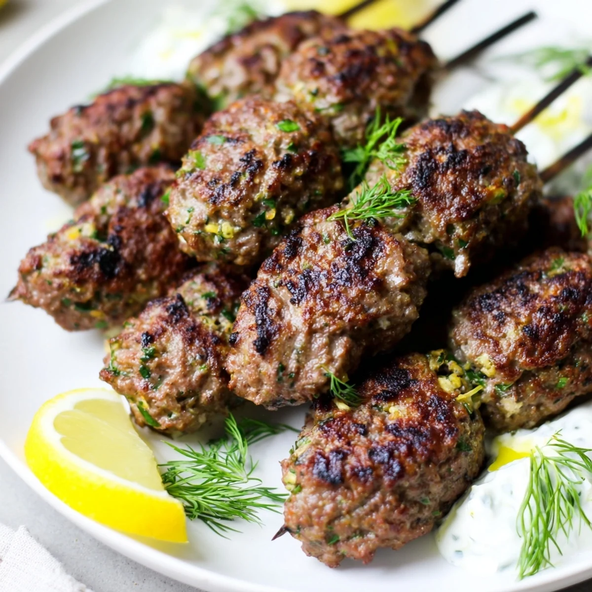 Freshly grilled Beef Kofta Kebabs with Cucumber Yogurt Sauce are plated beside crisp veggies and warm flatbread for dinner.
