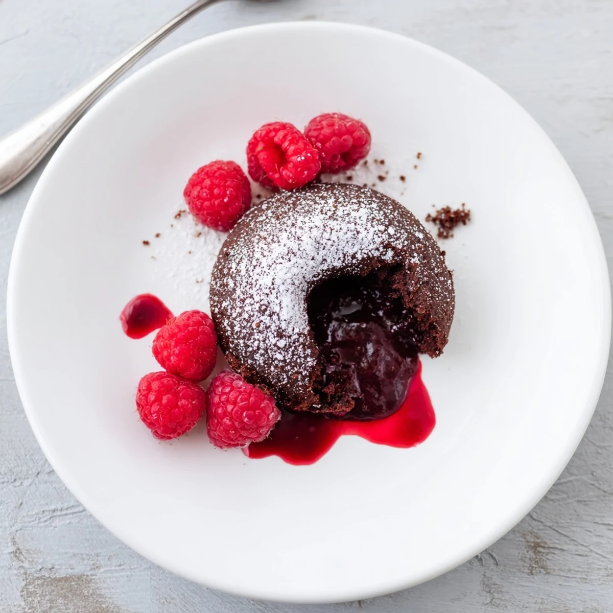 A fork breaks into a Chocolate Lava Cakes with Raspberry Coulis, revealing a rich molten chocolate center.