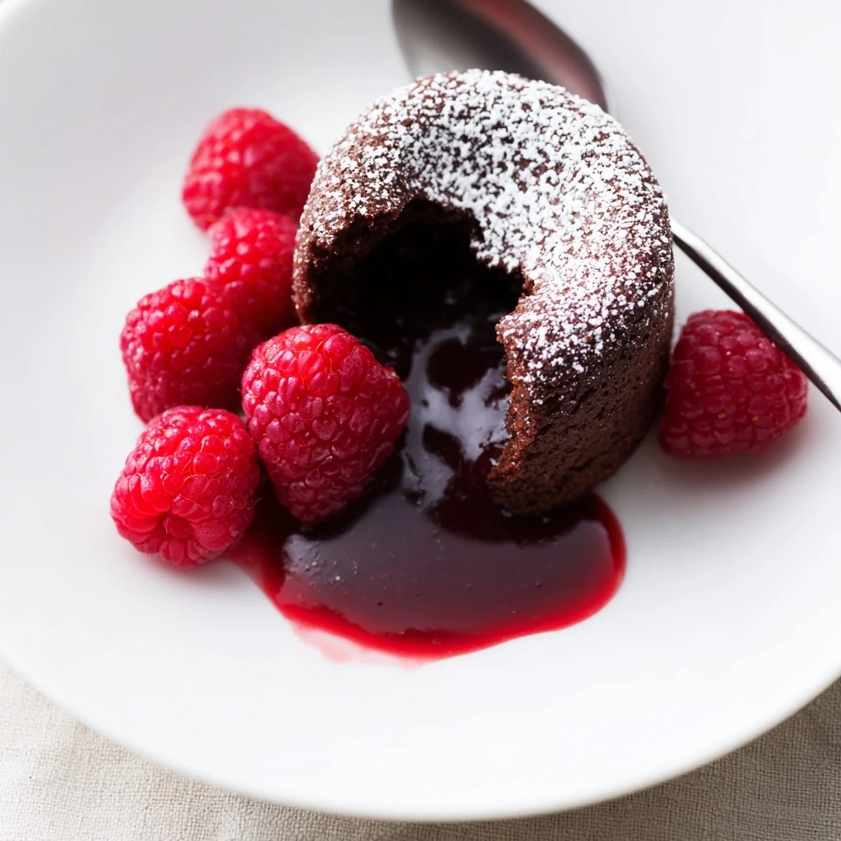 Four warm Chocolate Lava Cakes with Raspberry Coulis sit on plates, ready to serve with fresh berries.