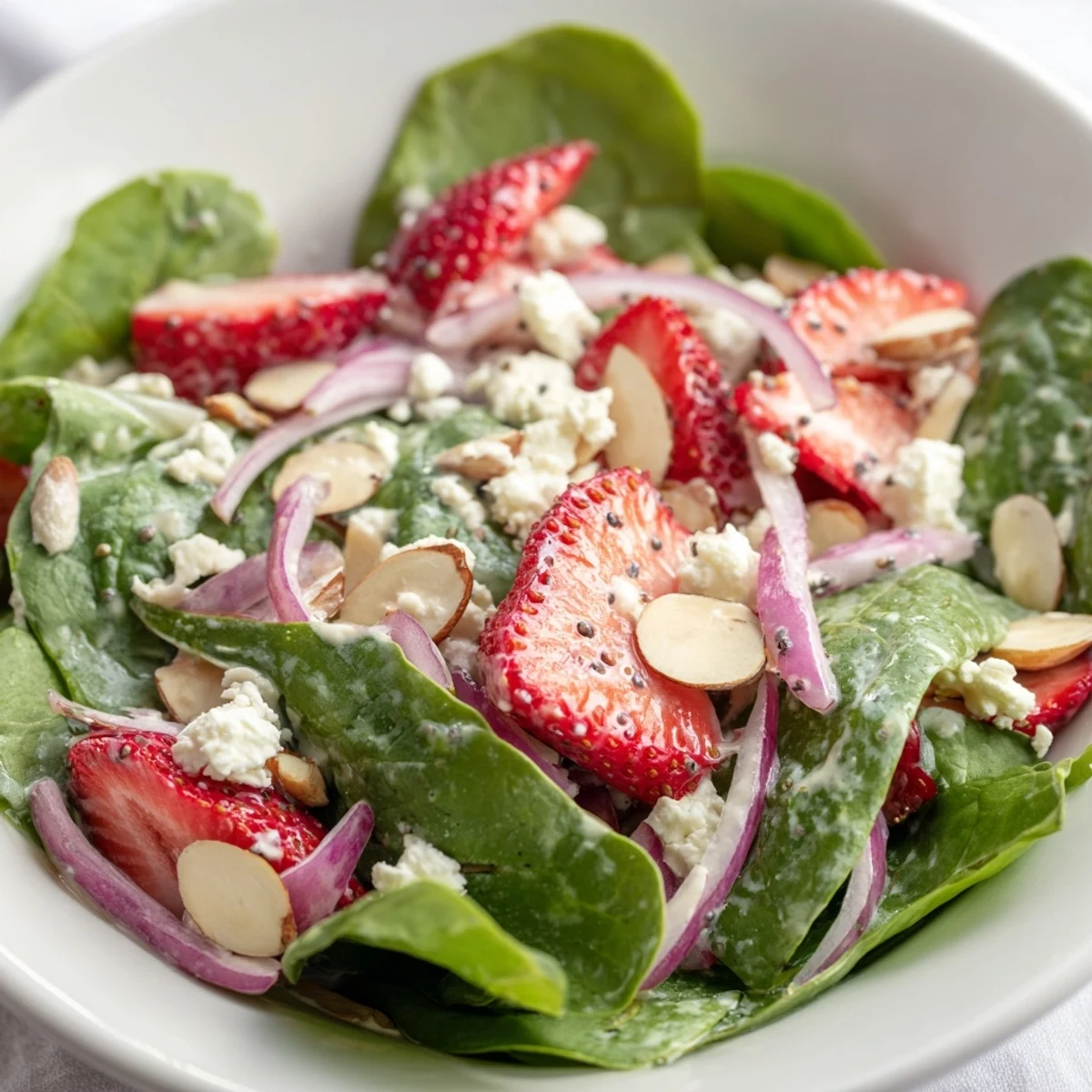 A bright spring salad bowl featuring strawberries, spinach, feta, pecans, and a drizzled poppy seed dressing for a sweet-tangy finish.