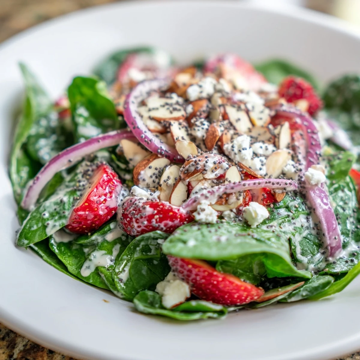 Vibrant Strawberry Spinach Salad with Poppy Seed Dressing garnished with red onion and served on a white plate.