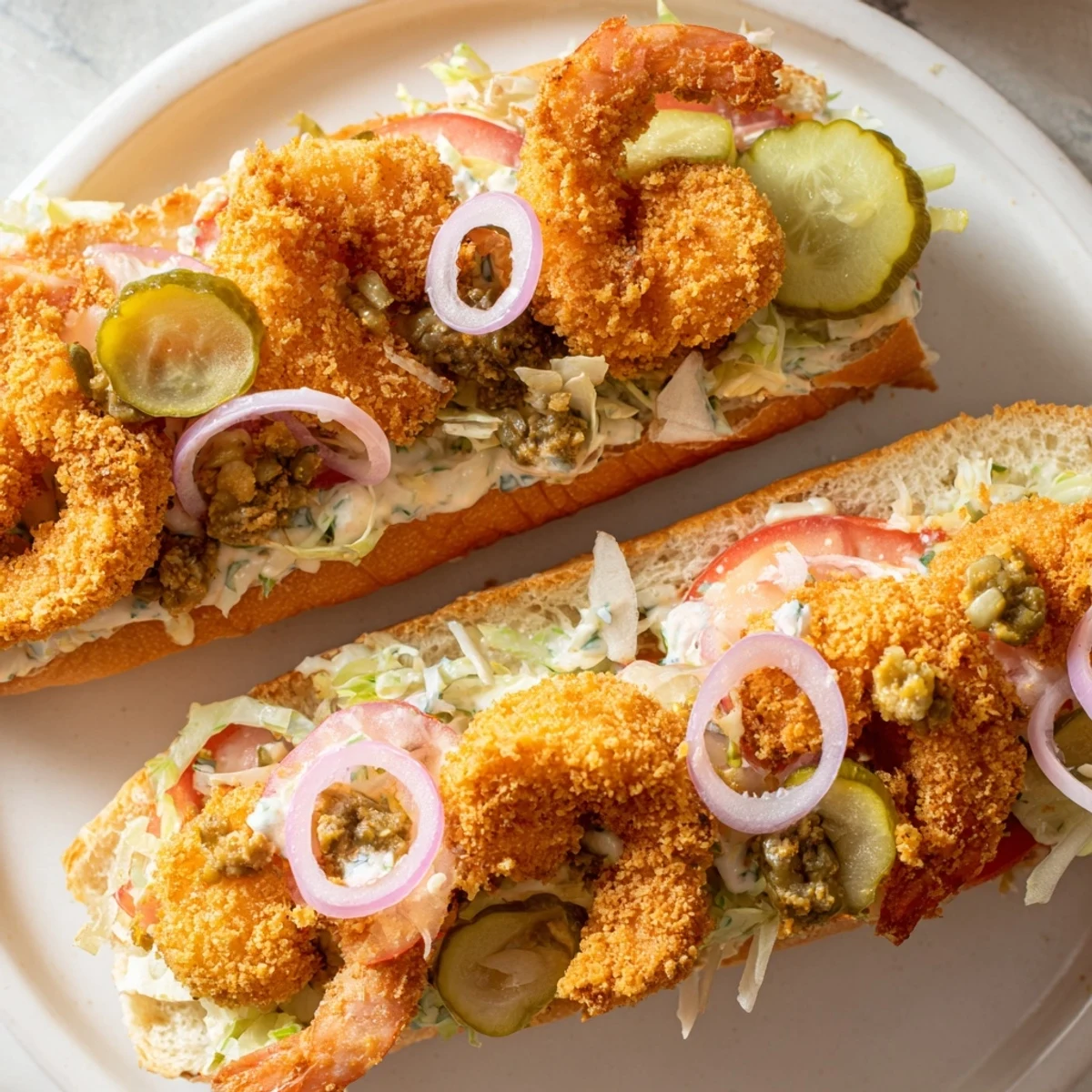 Crispy fried shrimp in a Mardi Gras Shrimp Po Boy with Remoulade, piled on toasted French bread with creamy remoulade sauce.