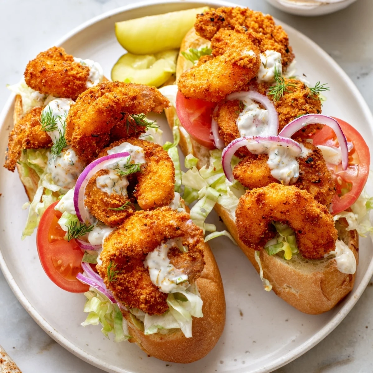 Fresh lettuce, tomato, and pickles top this Mardi Gras Shrimp Po Boy with Remoulade, served on a wooden board for a festive meal.