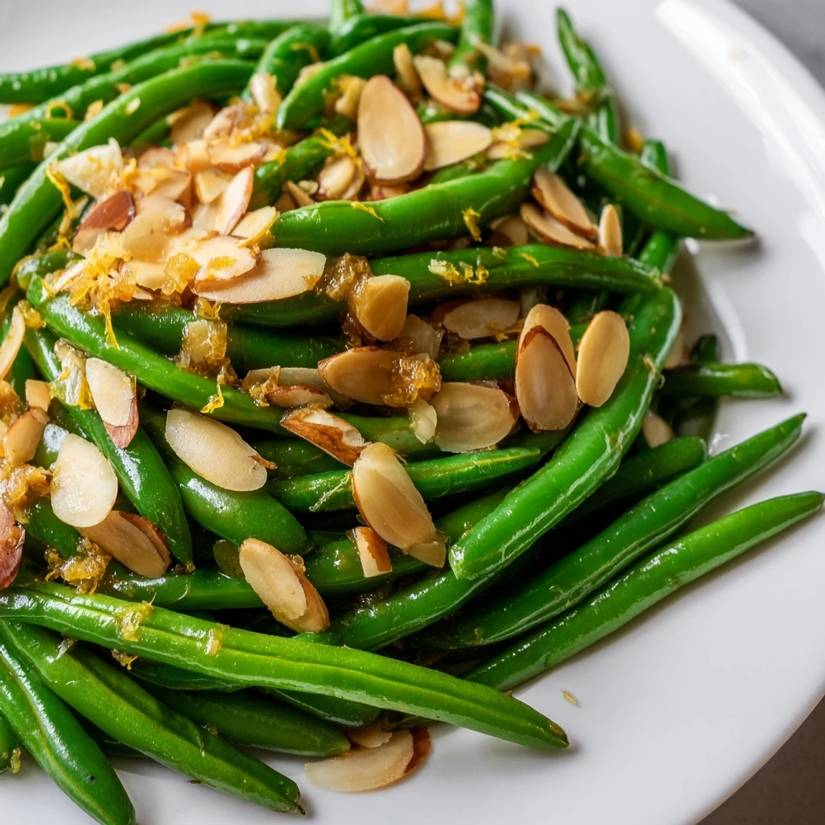 Bright green beans with toasted almonds and lemon zest on a white plate, perfect for a fresh side dish.