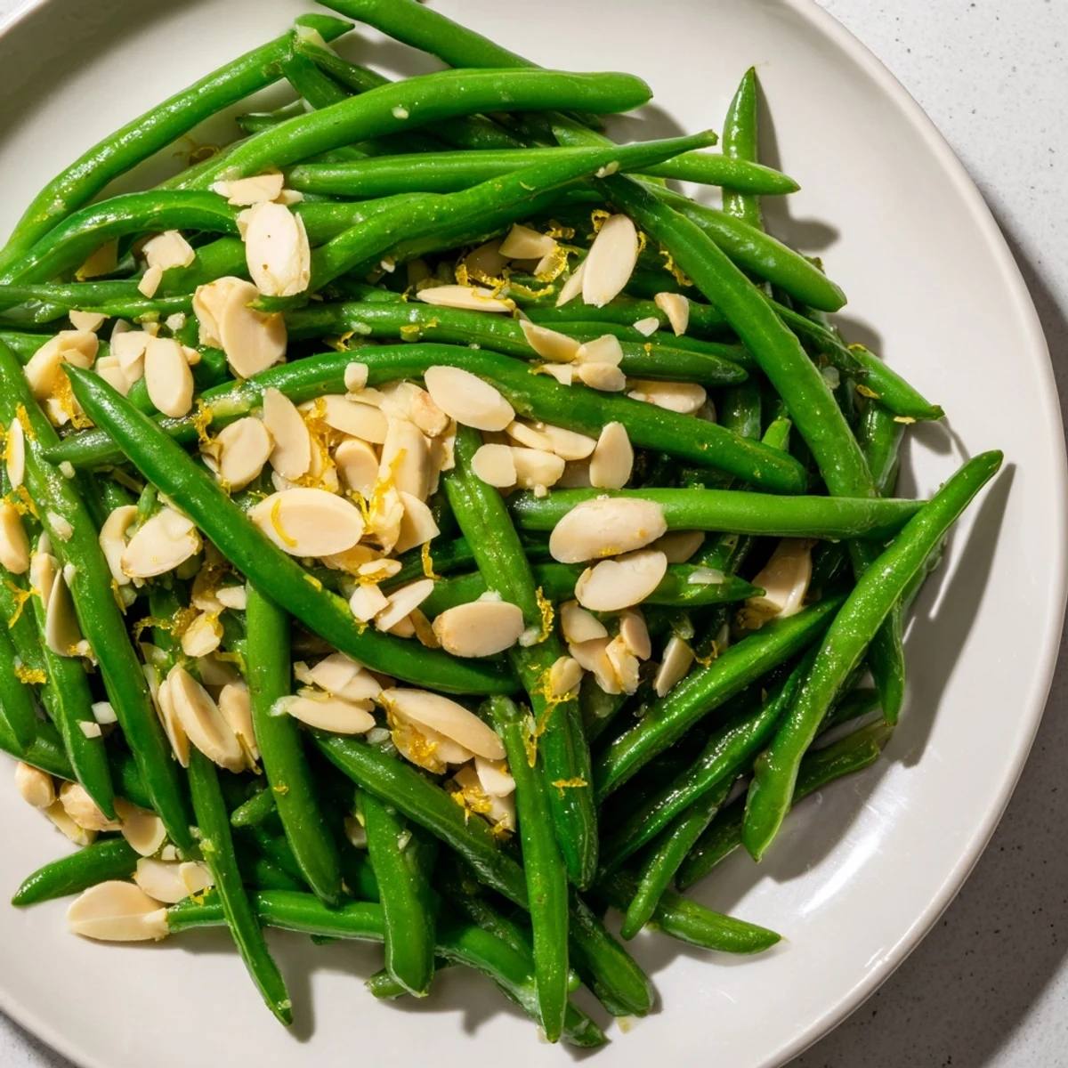 A vibrant bowl of Green Beans with Toasted Almonds and Lemon, glistening with olive oil and citrus juice.