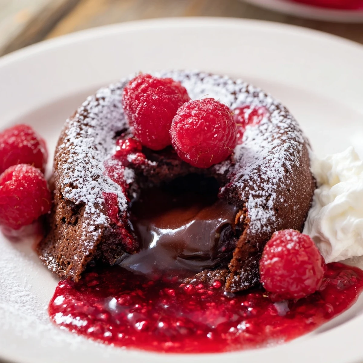 A close-up of Chocolate Lava Cakes with Raspberry Sauce on plates with fresh raspberries and whipped cream.