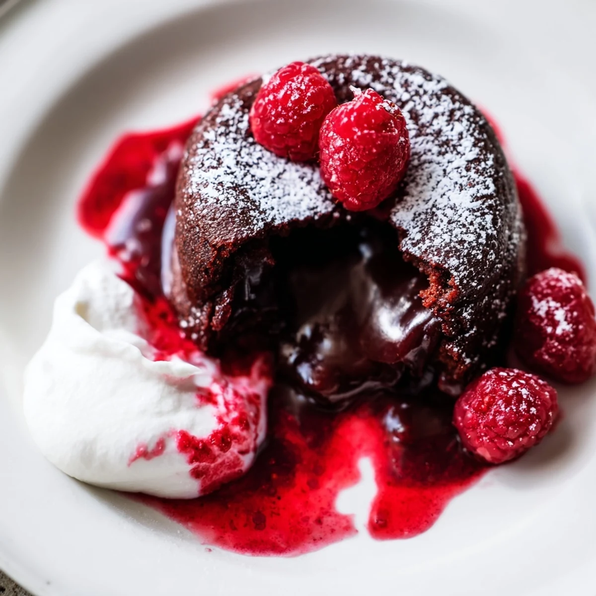 Four individual chocolate lava cakes with molten centers and drizzled raspberry sauce, served with scoops of vanilla ice cream.