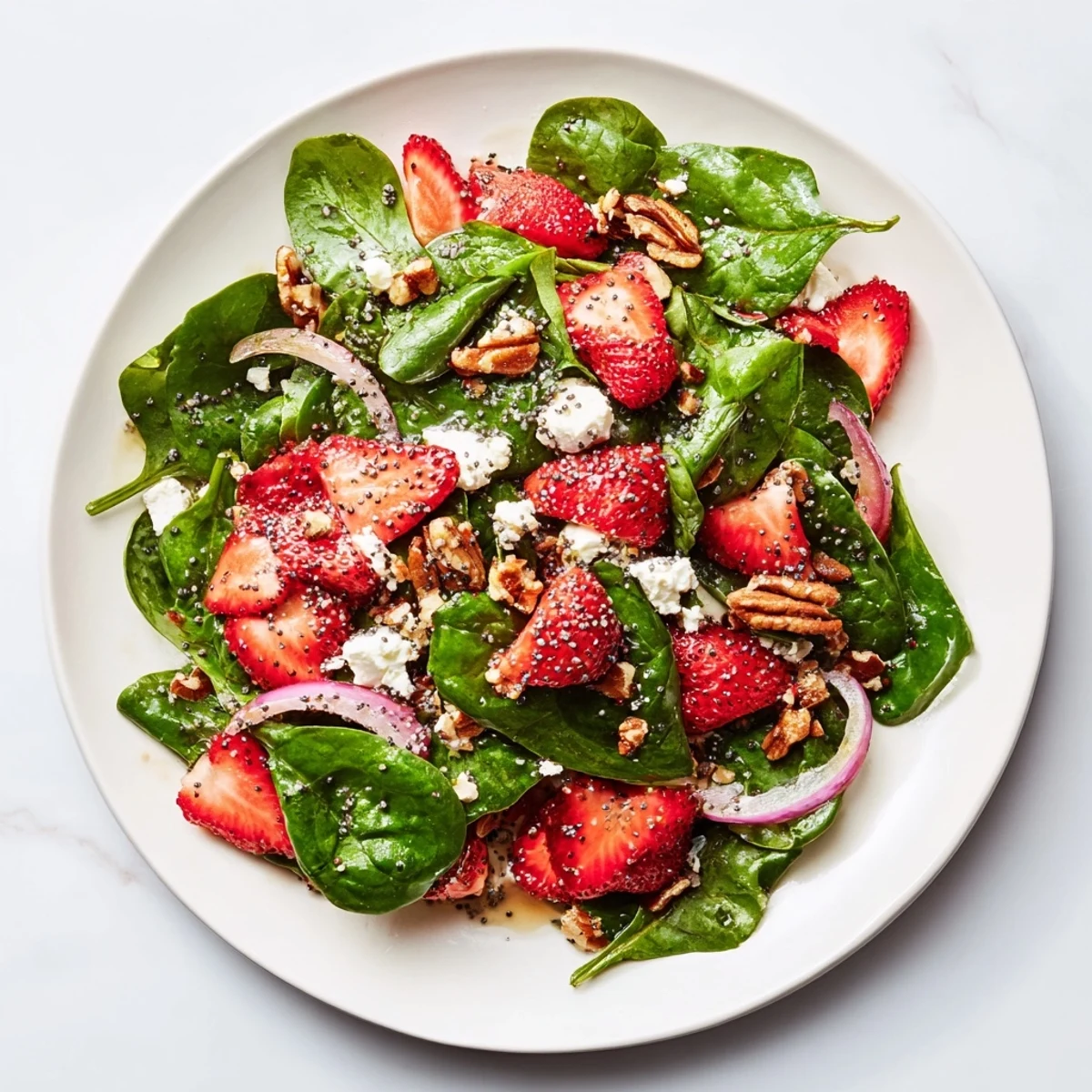 Bright fresh Strawberry Spinach Salad with Poppy Seed Vinaigrette served in a white bowl, showcasing sliced strawberries, baby spinach, crumbled feta, and toasted pecans.