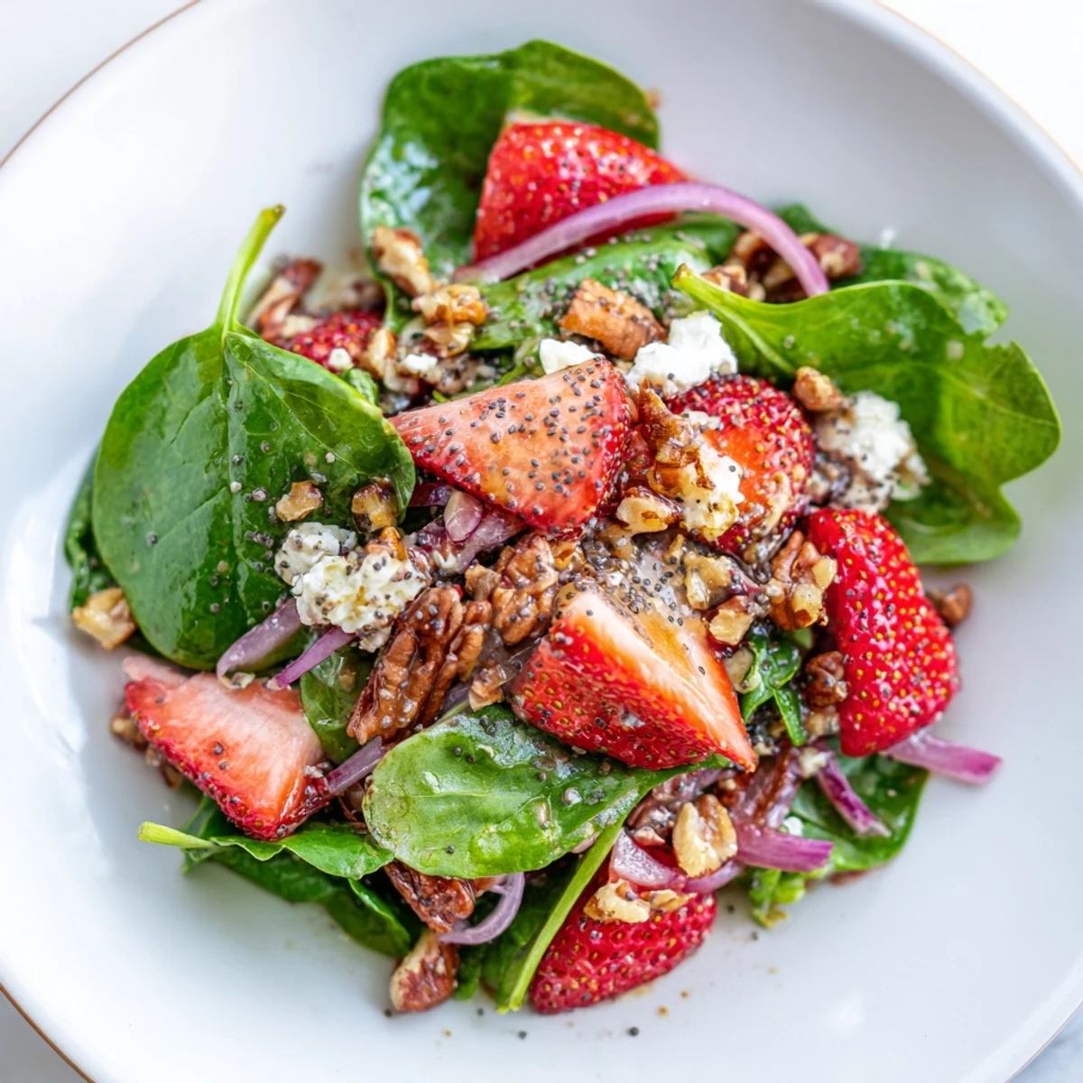 Close-up of Strawberry Spinach Salad with Poppy Seed Vinaigrette highlighting glossy vinaigrette, juicy strawberries, and crunchy nuts, perfect for a healthy summer lunch.
