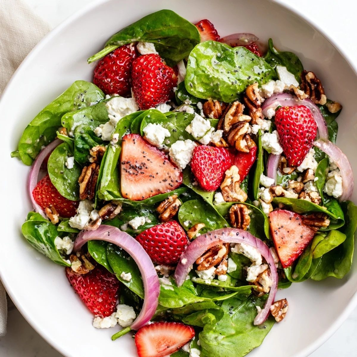 Overhead view of vibrant Strawberry Spinach Salad with Poppy Seed Vinaigrette, featuring red onion slices and feta crumbles on a rustic wooden table.
