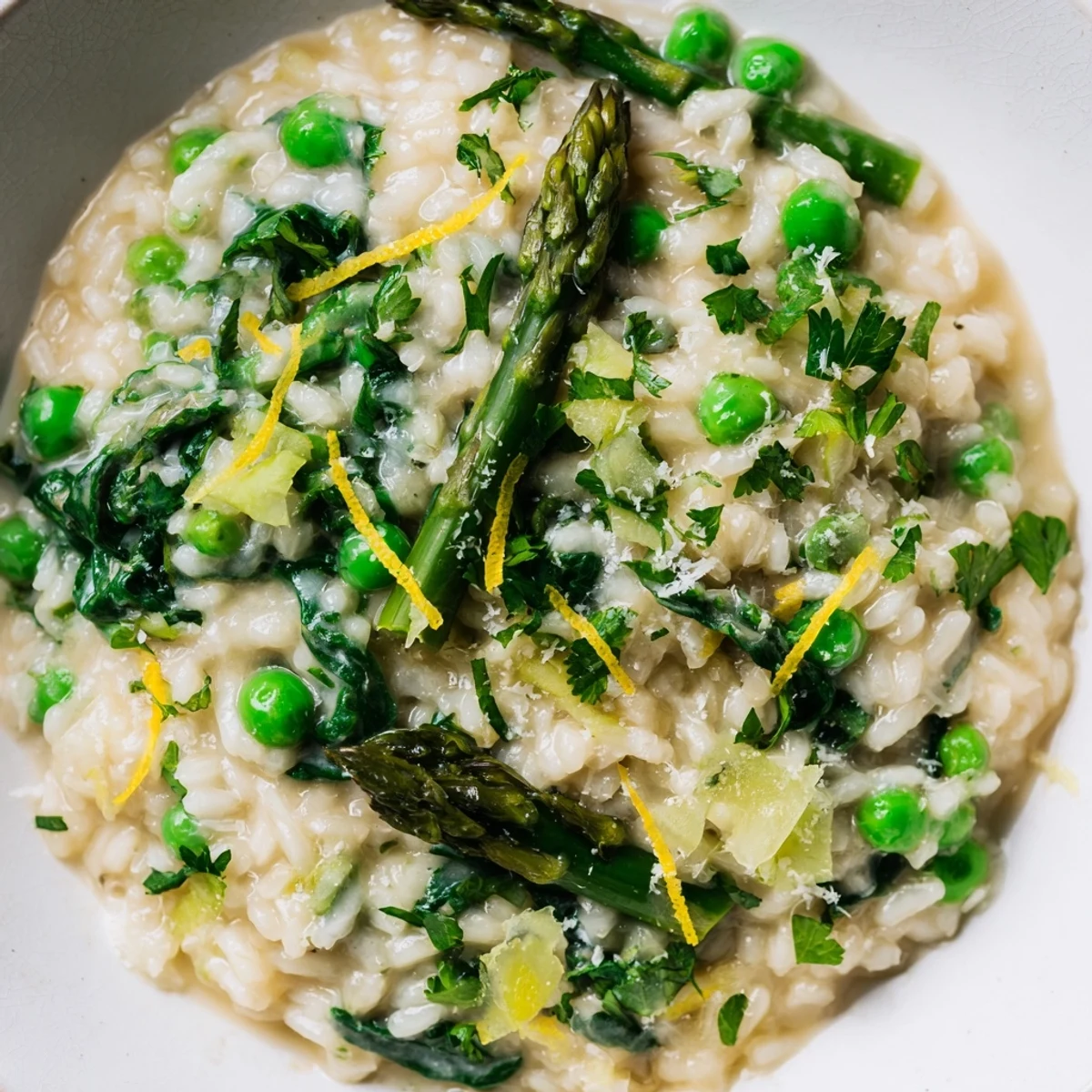 A serving of Spring Vegetable Risotto with Lemon Zest sits beside a glass of Pinot Grigio, ready for spring dinner gatherings.
