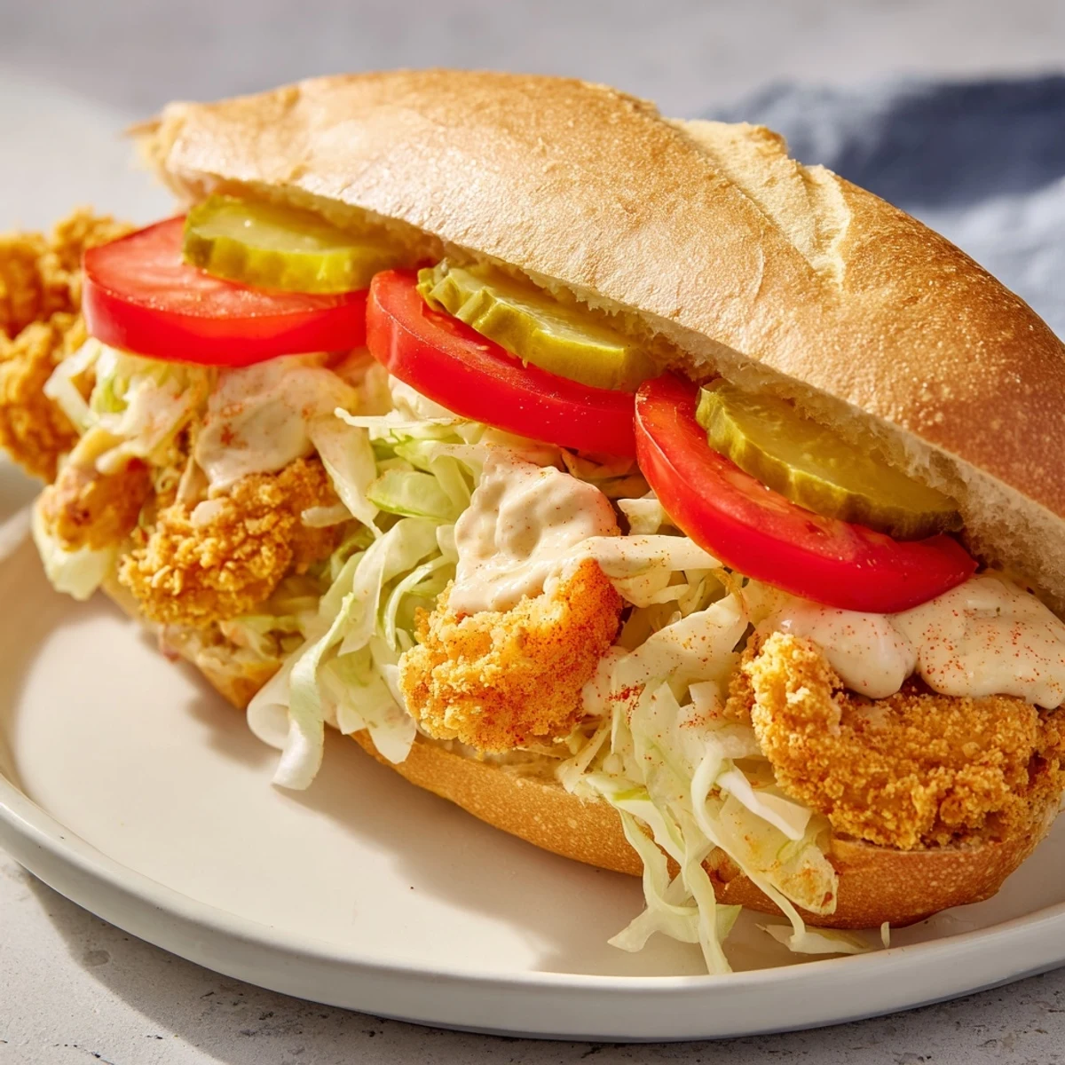 A close-up of a Mardi Gras shrimp po boy showing juicy shrimp spilling out from between pickles and fresh veggies on a toasted roll.