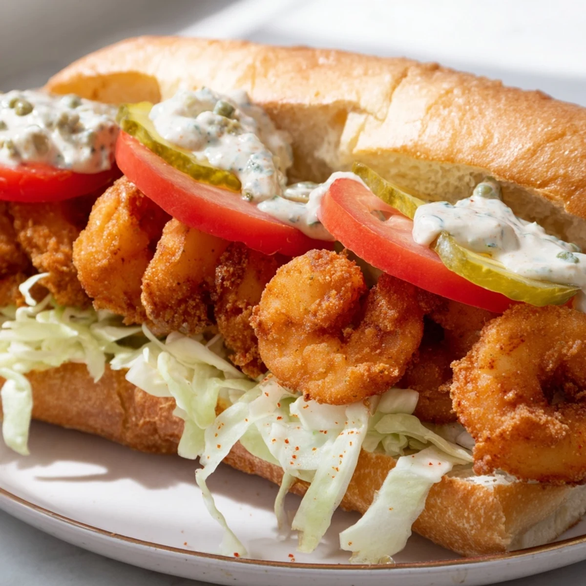Traditional New Orleans Mardi Gras shrimp po boy sandwich served with lemon wedges and extra remoulade sauce on a checkered tablecloth.