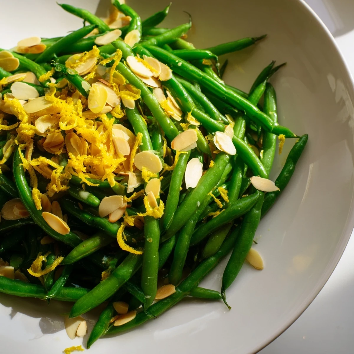 A vibrant side dish of green beans with toasted almonds and lemon ready to serve.