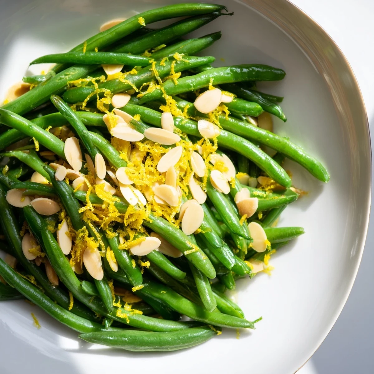 Fresh green beans tossed with toasted almonds and lemon zest on a wooden serving board.