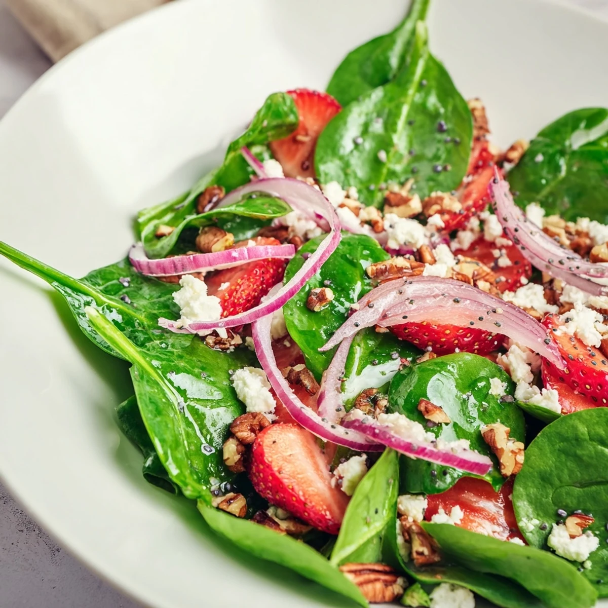 A vibrant bowl of Strawberry Spinach Salad with Poppy Seed Vinaigrette features sweet berries, crunchy nuts, and a tangy dressing perfect for summer gatherings.