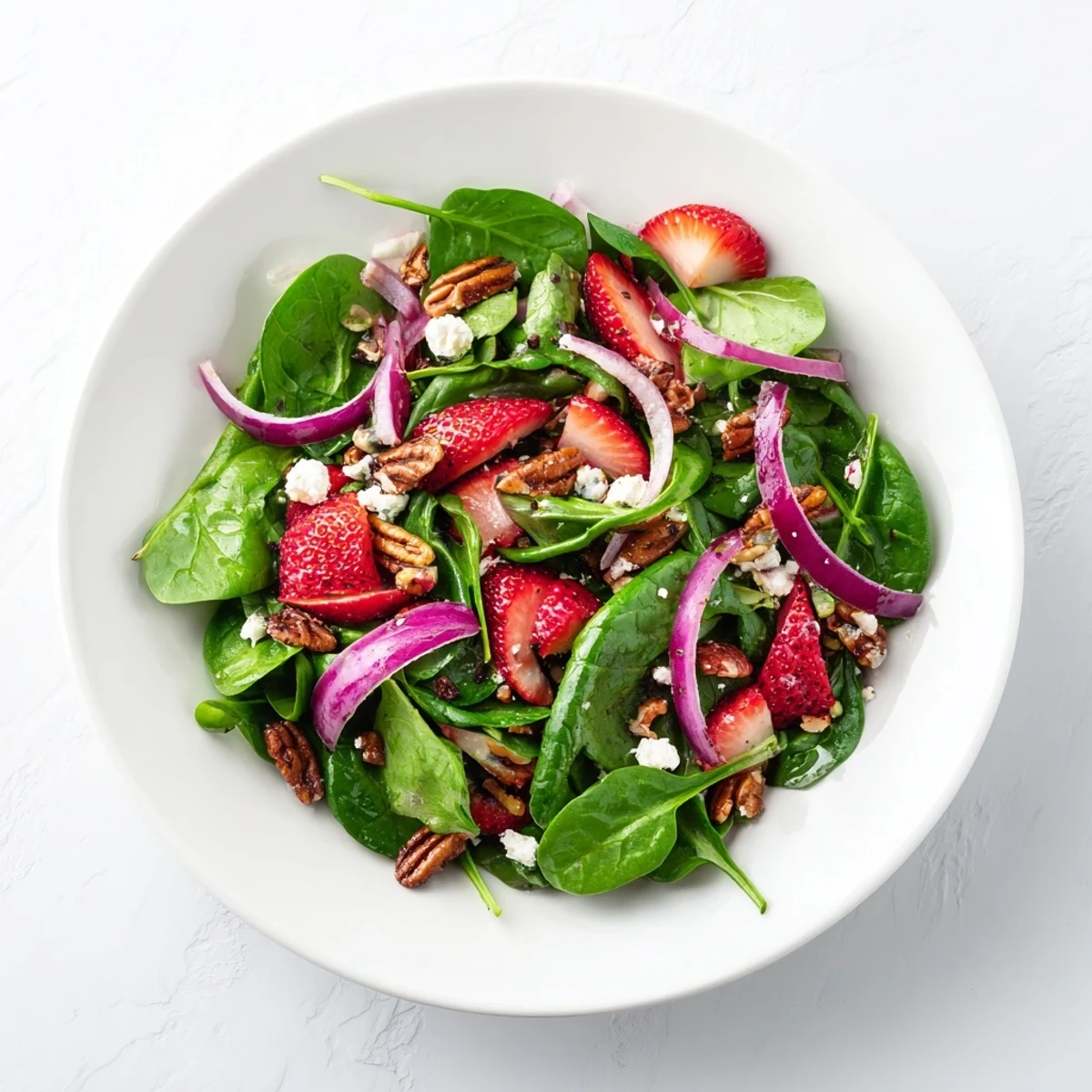 Close-up view of fresh ingredients for Strawberry Spinach Salad with Poppy Seed Vinaigrette, including spinach, strawberries, red onion, and poppy seed dressing.