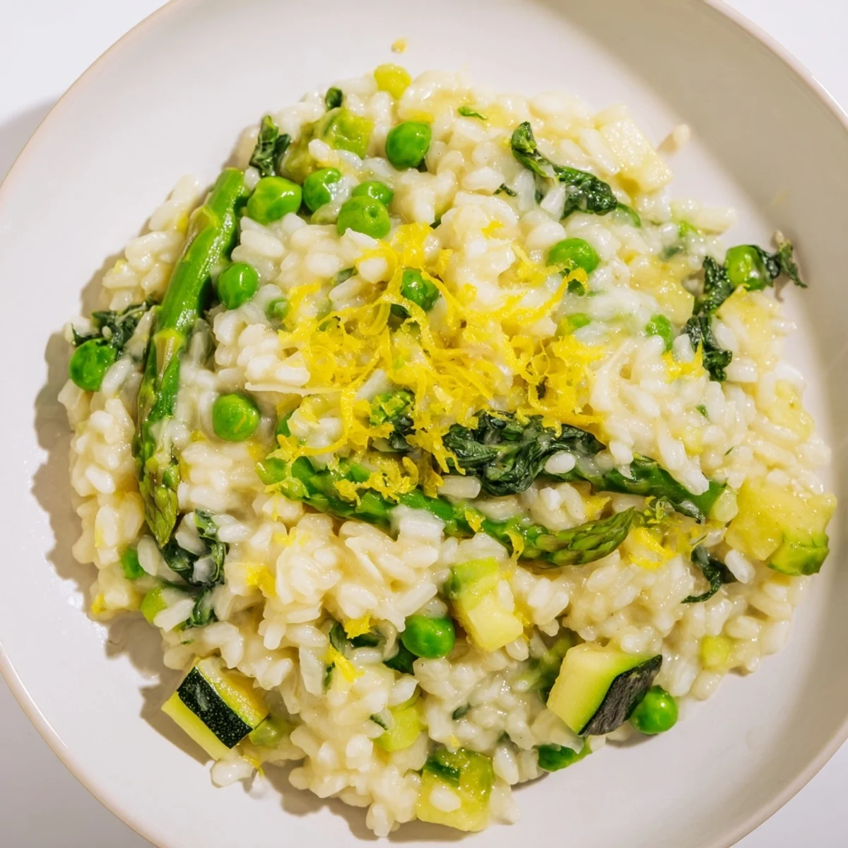 Creamy Spring Vegetable Risotto with Lemon Zest served warm in a white bowl, garnished with fresh parsley and a lemon wedge.