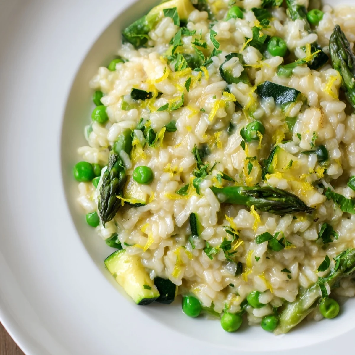 Spring Vegetable Risotto with Lemon Zest features tender asparagus and peas in a creamy Italian-style dish beside a glass of white wine.