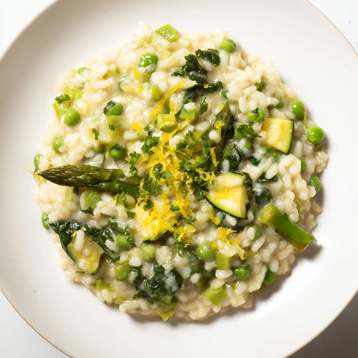 Bright Spring Vegetable Risotto with Lemon Zest topped with Parmesan, visible steam rising from the comforting vegetarian main course.
