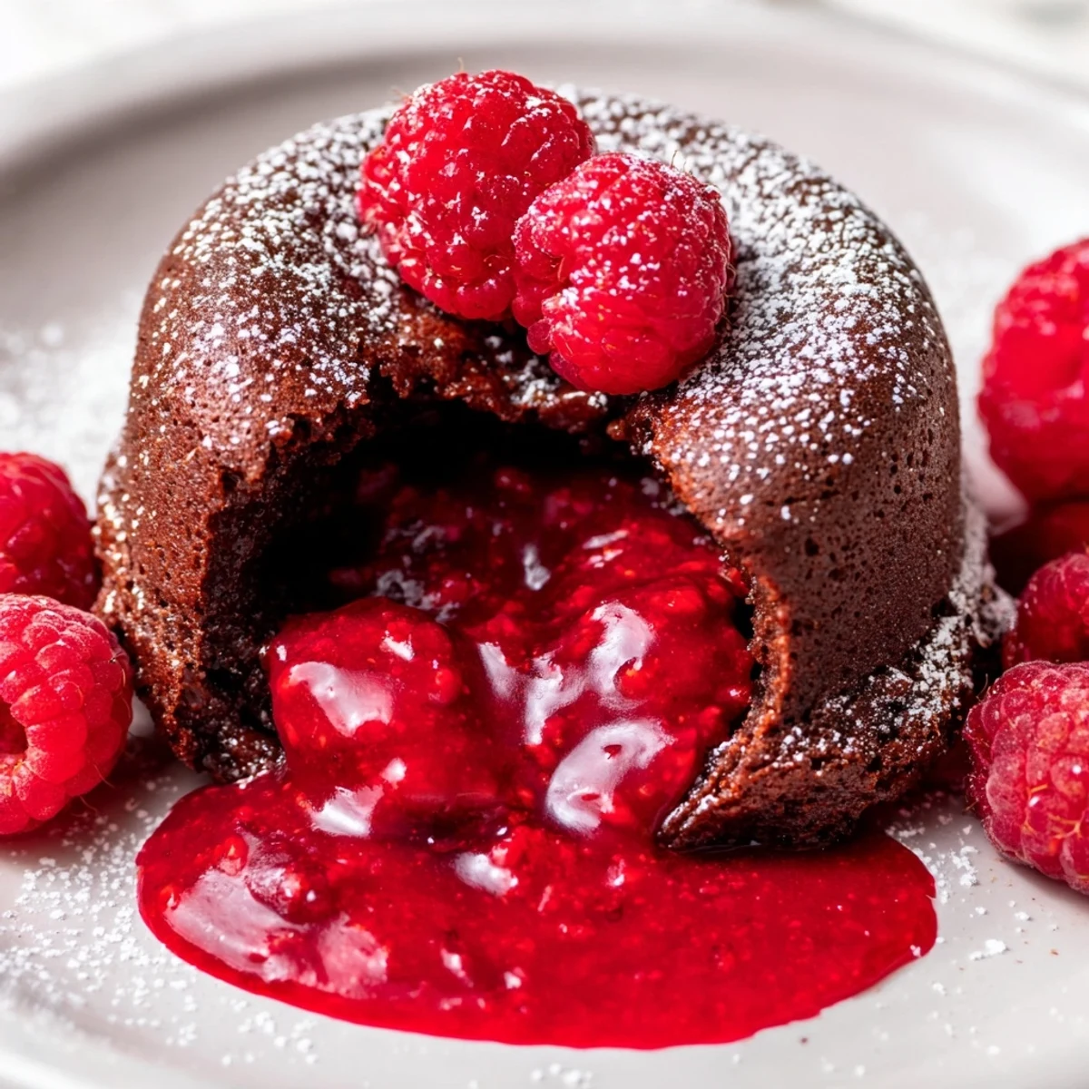 Four ramekins of baked Chocolate Lava Cakes with Raspberry Sauce, garnished with powdered sugar and berries.