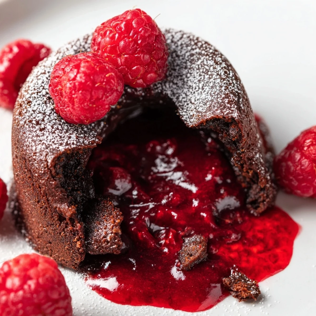 A warm Chocolate Lava Cake with a gooey molten center, drizzled with fresh raspberry sauce on a white plate.
