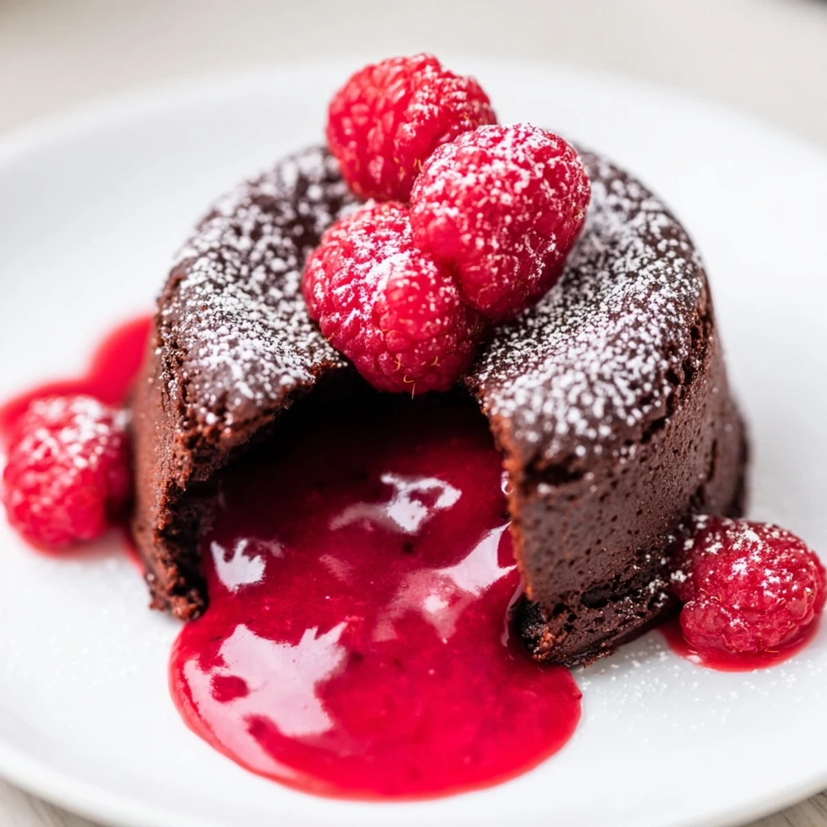 Rich chocolate dessert with a molten center, topped with vibrant red raspberry sauce and fresh berries.