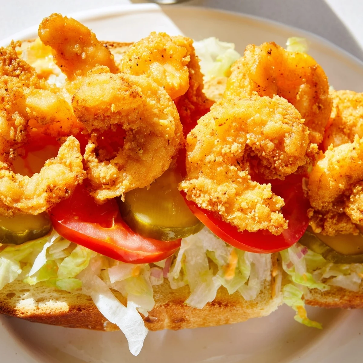 Crispy fried shrimp in a Mardi Gras Shrimp Po Boy with Remoulade Sauce, layered with lettuce and tomato on a toasted roll.
