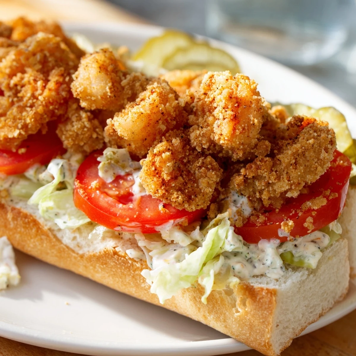 Golden brown Mardi Gras Shrimp Po Boy with Remoulade Sauce, stacked with pickles and fresh veggies on a warm French bread loaf.