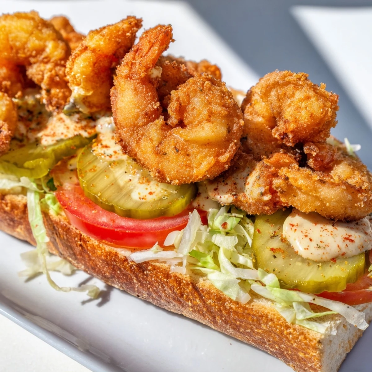A close-up of the Mardi Gras Shrimp Po Boy with Remoulade Sauce, showing juicy shrimp and creamy sauce on a crusty baguette.