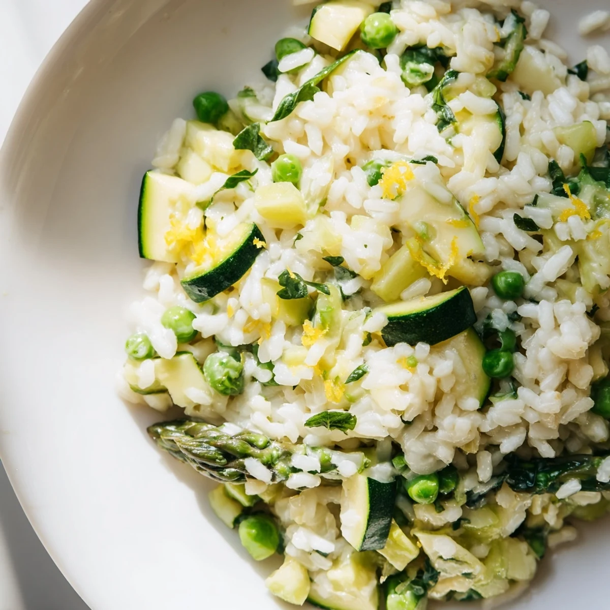 Spring Vegetable Risotto with Lemon shows creamy Arborio rice with bright peas, asparagus, and zucchini on a white plate.