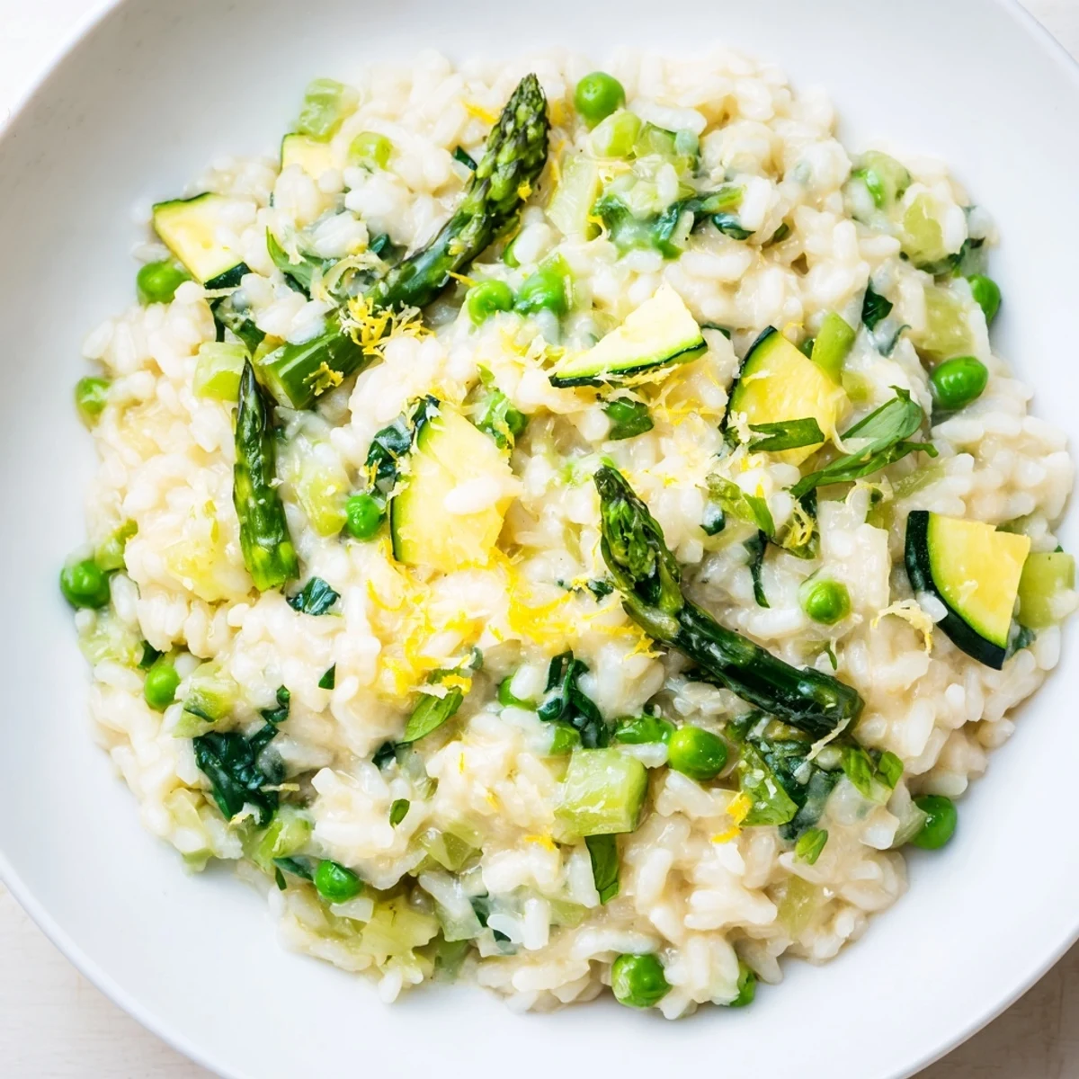 Topped with fresh parsley and grated Parmesan, Spring Vegetable Risotto with Lemon glazes under soft natural light.