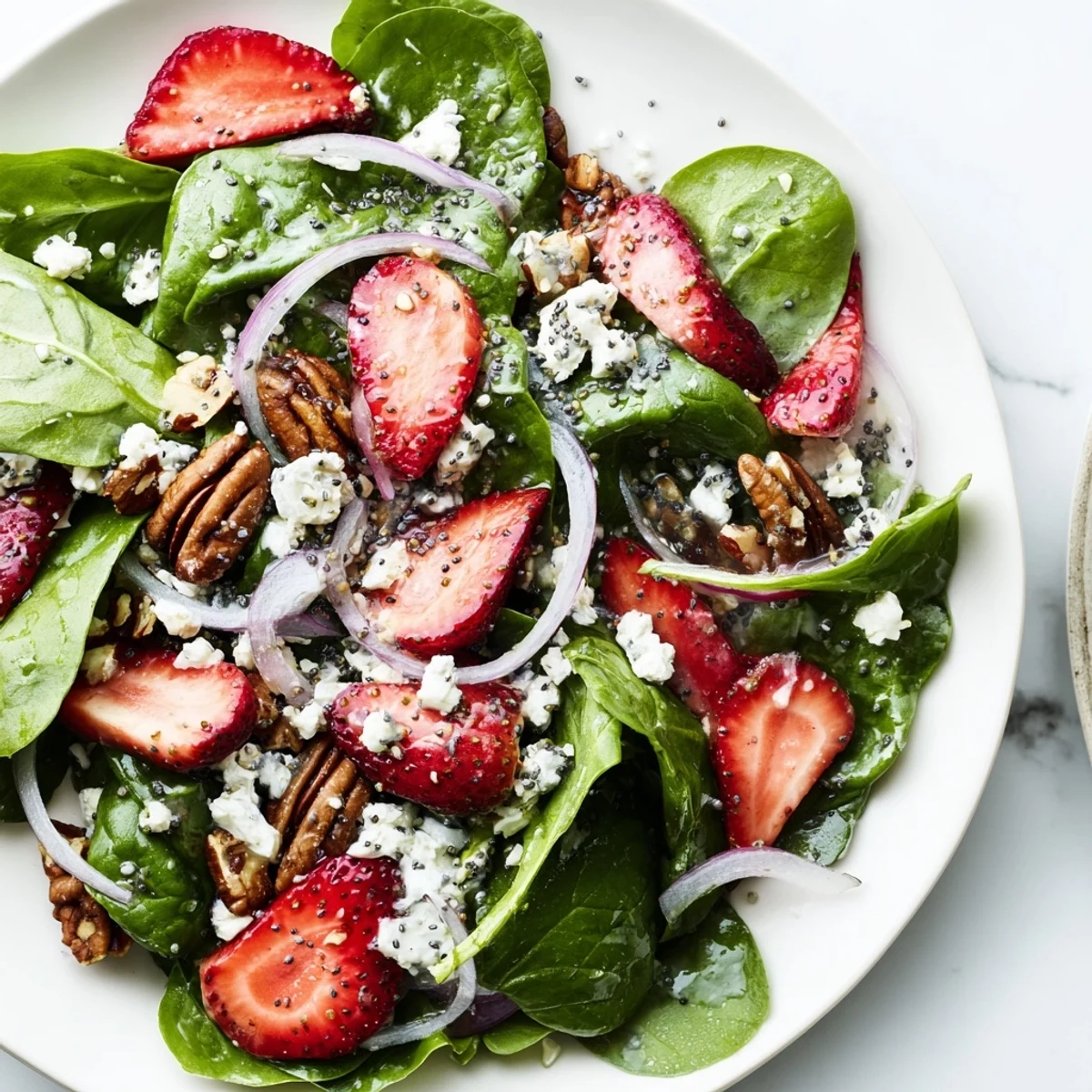 A fresh Strawberry Spinach Salad with Poppy Seed Dressing shows bright red berries and creamy feta on green leaves, garnished with toasted pecans and sliced red onion.