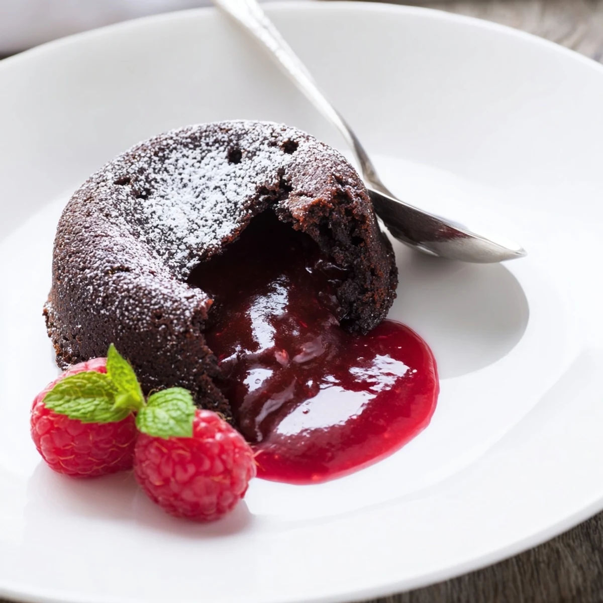 Warm Chocolate Lava Cakes with Raspberry Coulis served on a white plate with fresh berries and mint garnish.  