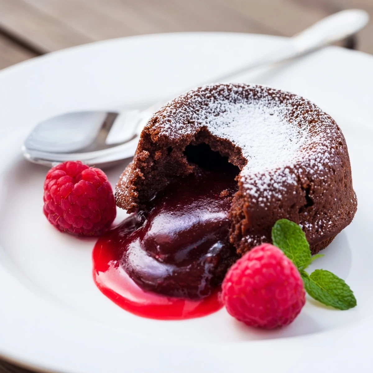 Decadent Chocolate Lava Cakes with Raspberry Coulis, revealing rich molten centers alongside a vibrant red berry sauce.  