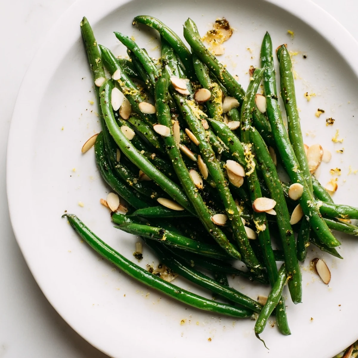 Fresh green beans, almonds, and lemon zest in Green Beans with Toasted Almonds and Lemon.  