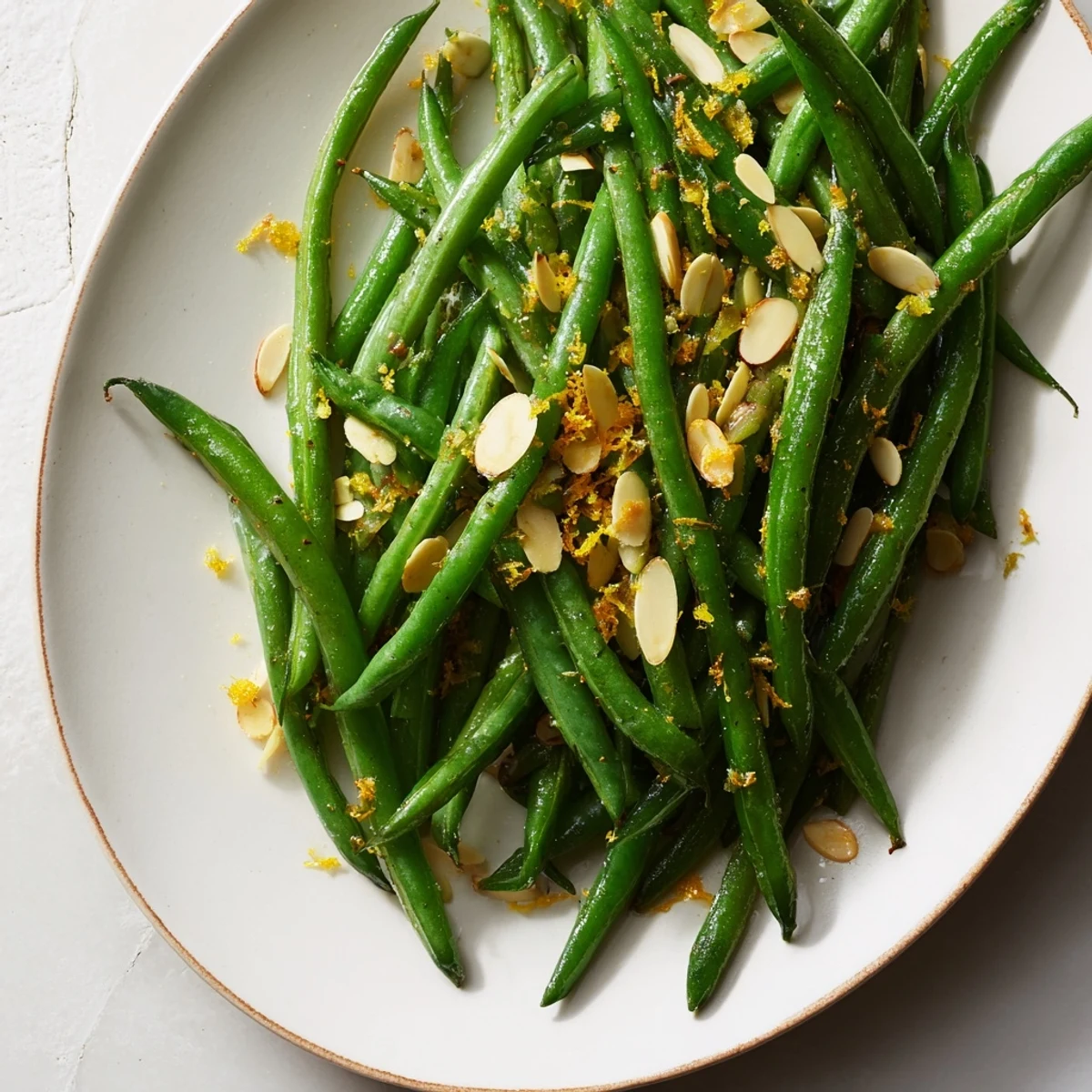 Vibrant Green Beans with Toasted Almonds and Lemon served with chicken and butter.