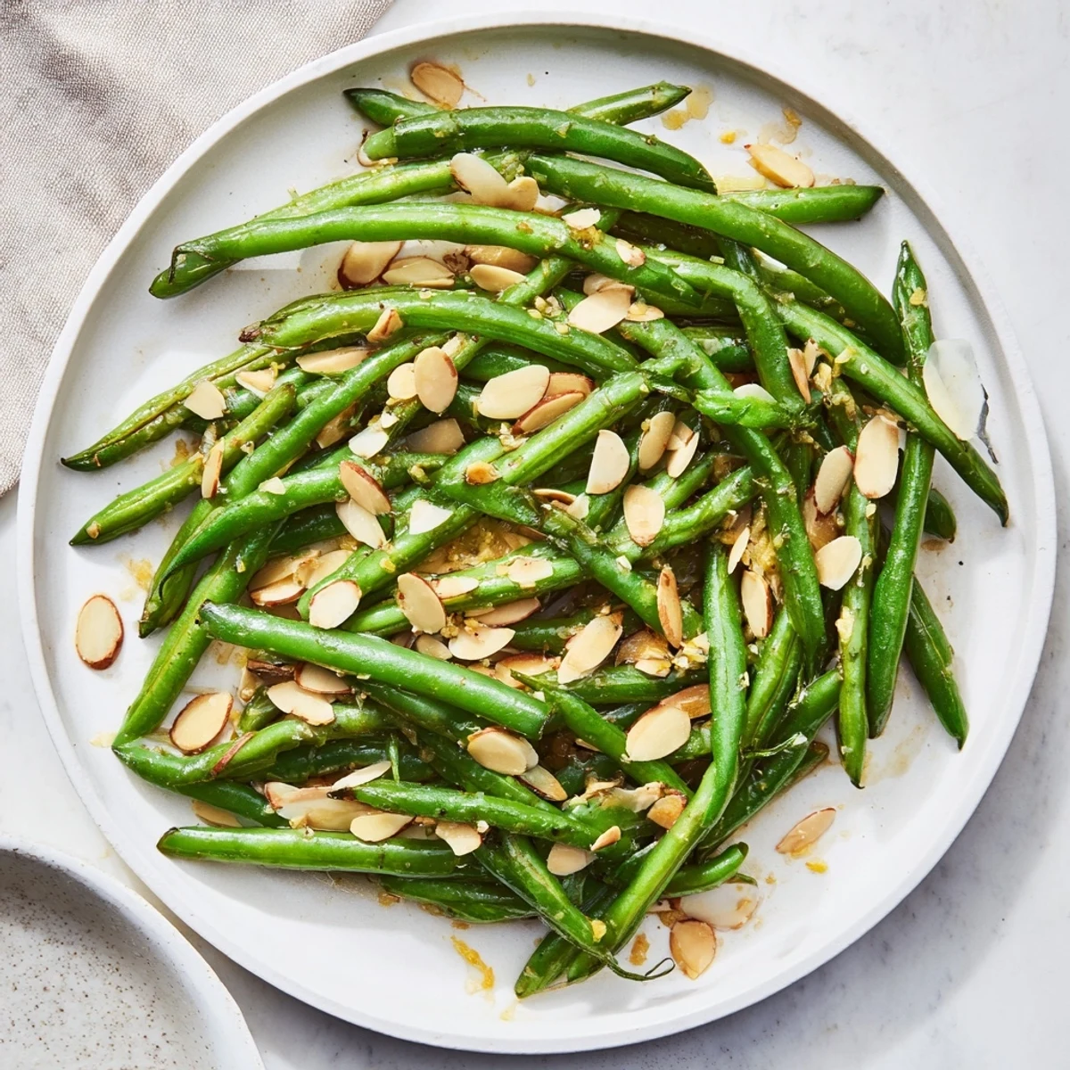 Side of Green Beans with Toasted Almonds and Lemon on a plate with garlic.  