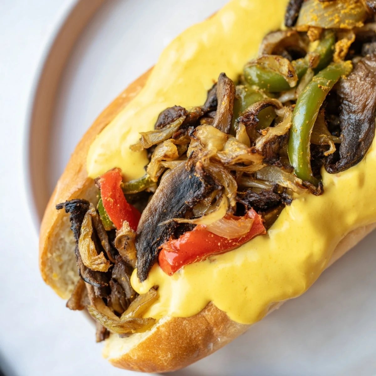 Sizzling portobello mushrooms, onions, and peppers sautéed to perfection, piled into a warm roll with creamy dairy-free sauce for Vegan Philly Cheesesteaks.