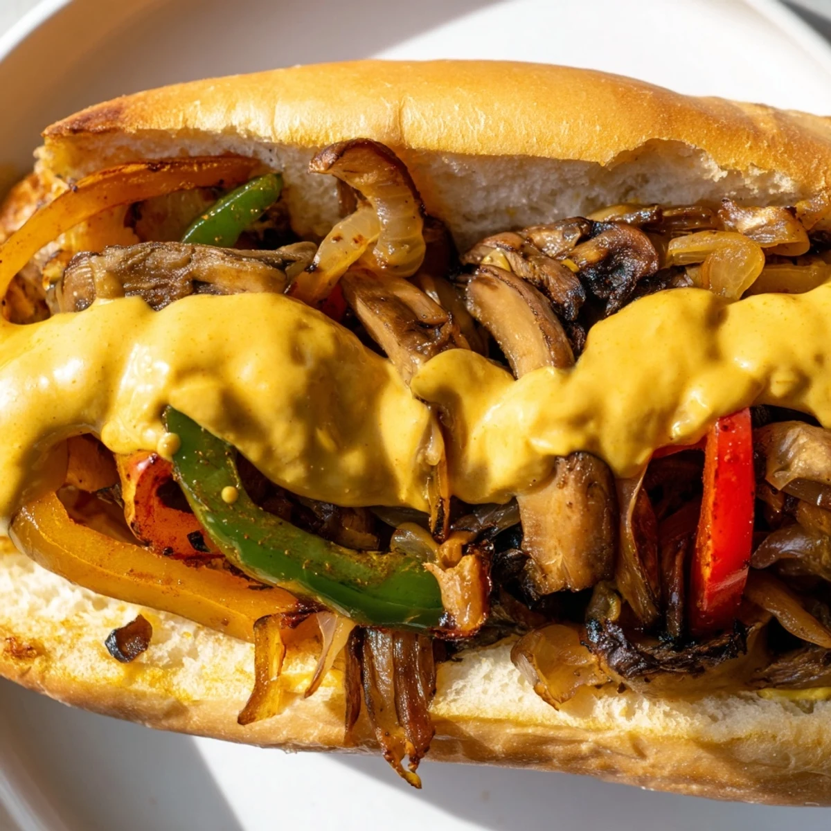 Toasted hoagie roll overflowing with savory mushroom and pepper filling, generously drizzled with golden vegan cheese sauce for the Vegan Philly Cheesesteaks.