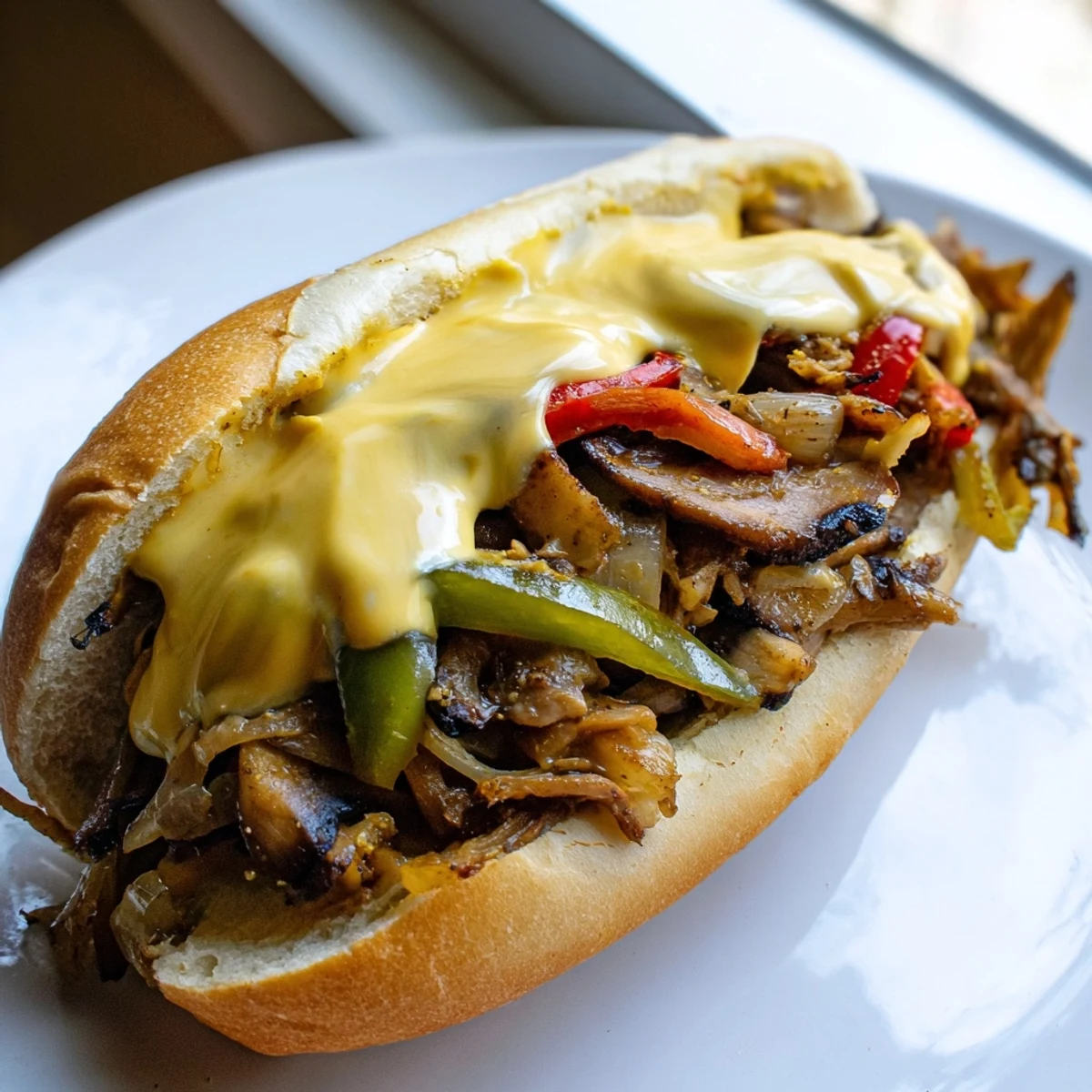 Hearty Vegan Philly Cheesesteaks served on a toasted bun, featuring colorful peppers and mushrooms smothered in homemade plant-based cheese sauce.