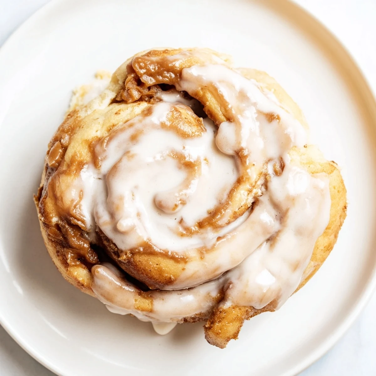A close-up of fluffy Biscoff cinnamon rolls with creamy cookie spread filling, served warm on a rustic table.