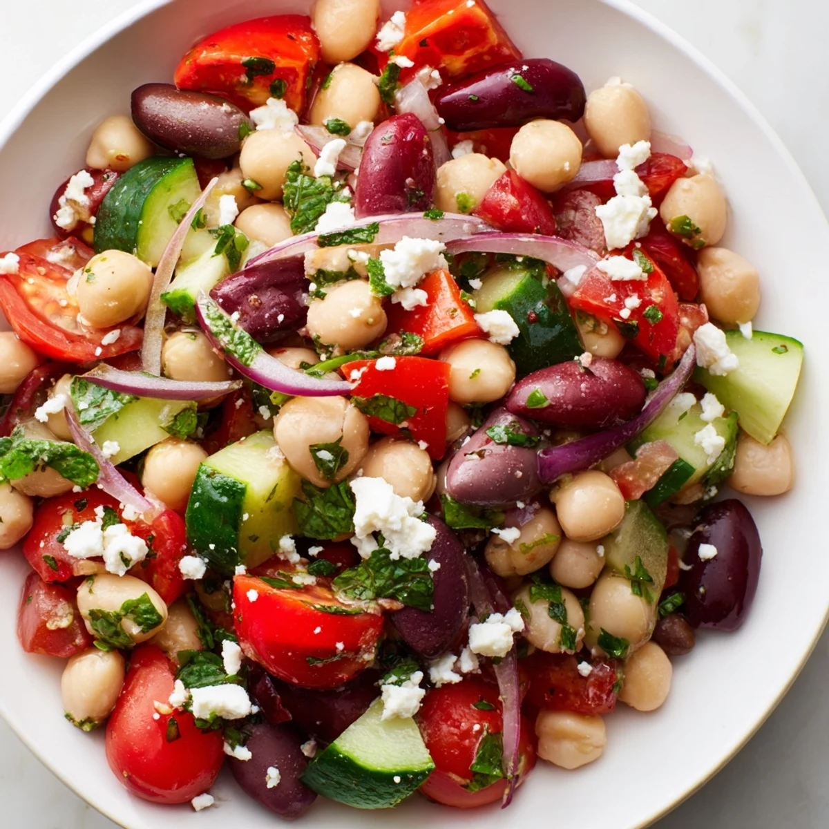 Bright Mediterranean Dense Bean Salad in a bowl, featuring tomatoes, olives, and parsley tossed in olive oil.