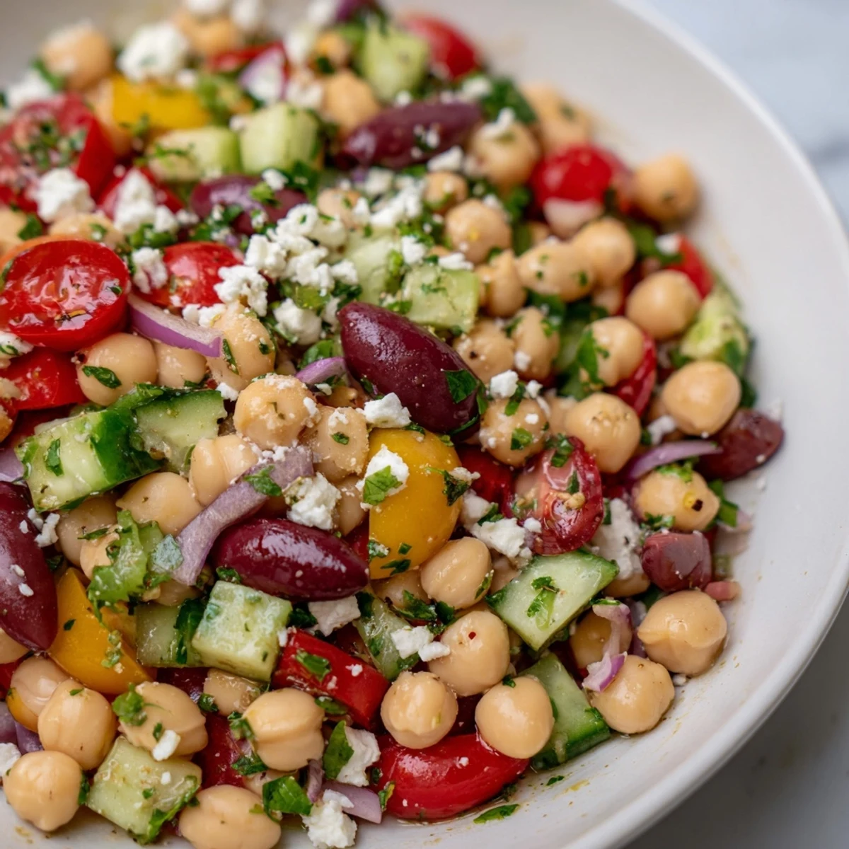 Colorful Mediterranean Dense Bean Salad served chilled with crunchy vegetables and crumbled feta for a healthy lunch.